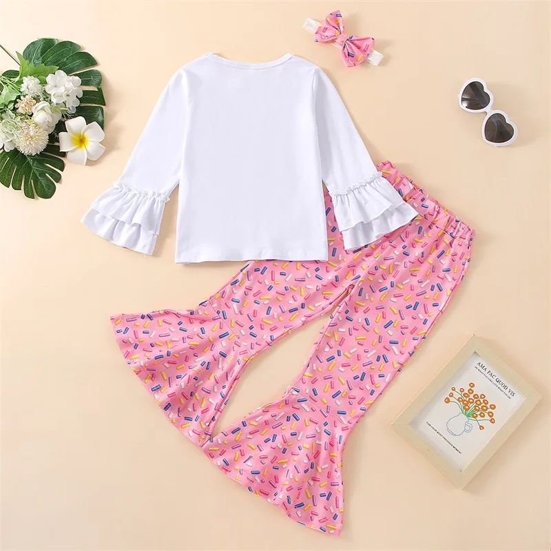 Toddler Baby Girl Birthday Outfit 1-5T Sweet Tops Doughnut Shorts Flared Bell Bottom Pants Set 3Pcs Summer Clothes