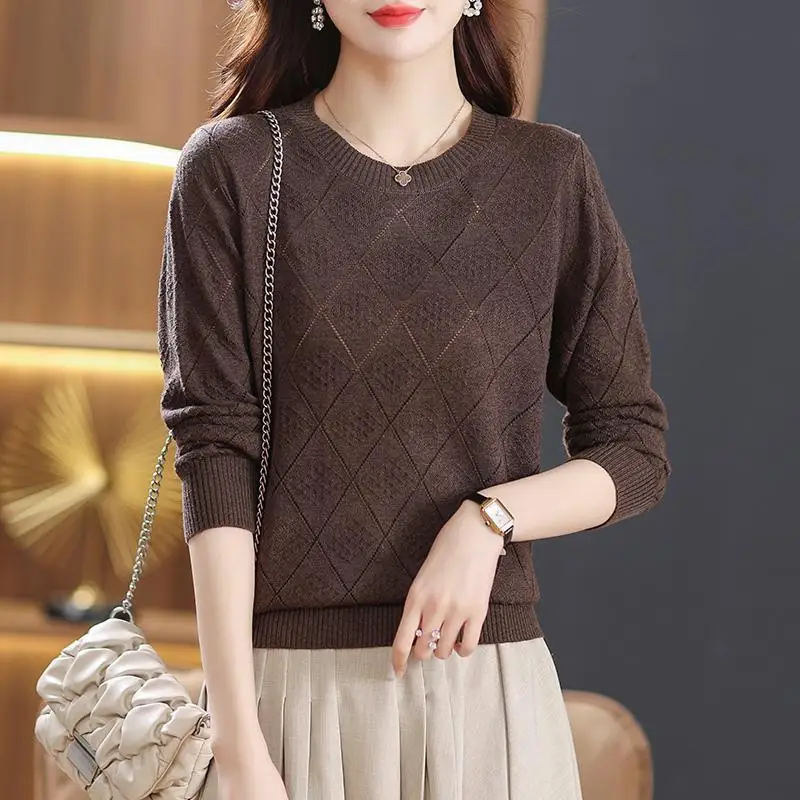 Women Korean Style Simple Casual Hollow Jacquard Knitwear New Spring Autumn Elegant Long Sleeve All Match Knitted Sweater Jumper