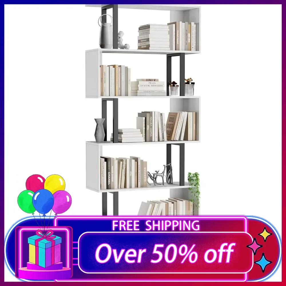 

6 Tier Bookcase,S Shaped Bookshelf, Wood Decorative Storage Shelving, Display Shelves, Tall Book Shelf Unit for Living Room