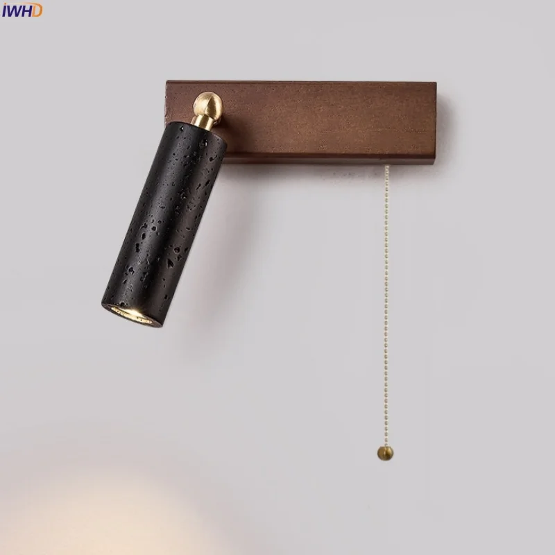 

IWHD Mid Century Modern LED Wall Sconce Pull Chain Switch Reading Bedside Lamps Black Travertine Living Room Lights Wandlampen