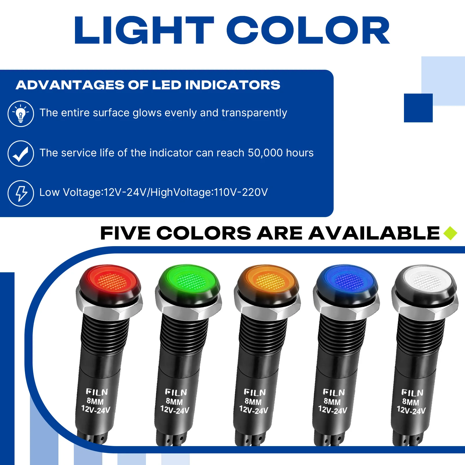 FILN 5 Stück 8mm Metall-LED-Anzeigelampe IP67 Wasserdicht 12V 24V 110V 220V Armaturenbrett-Signallampen-Set für Auto, Boot, Maschine – Detail 3