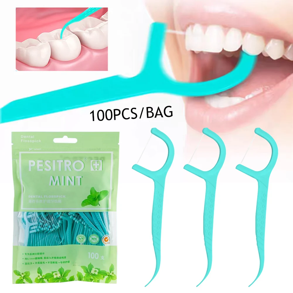 Hilo Dental portátil, cepillo Interdental de menta, palo de limpieza Dental, palillo de dientes desechable, higiene bucal, cuidado bucal, 100