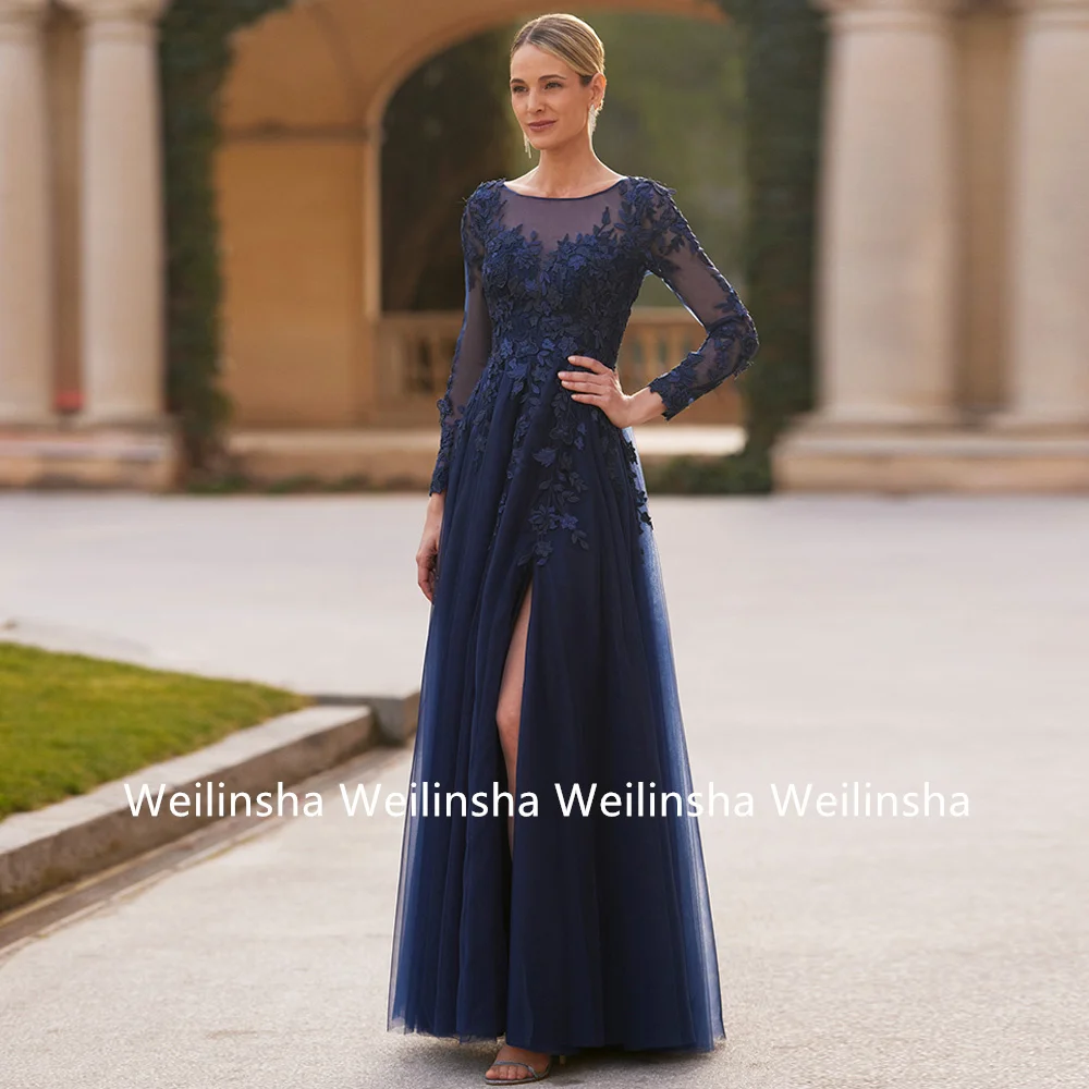 Fashion Navy Mother of The Bride Dress Guest Gowns Customized Scoop Neck Long Sleeves Split Applique Wedding Party Dresses