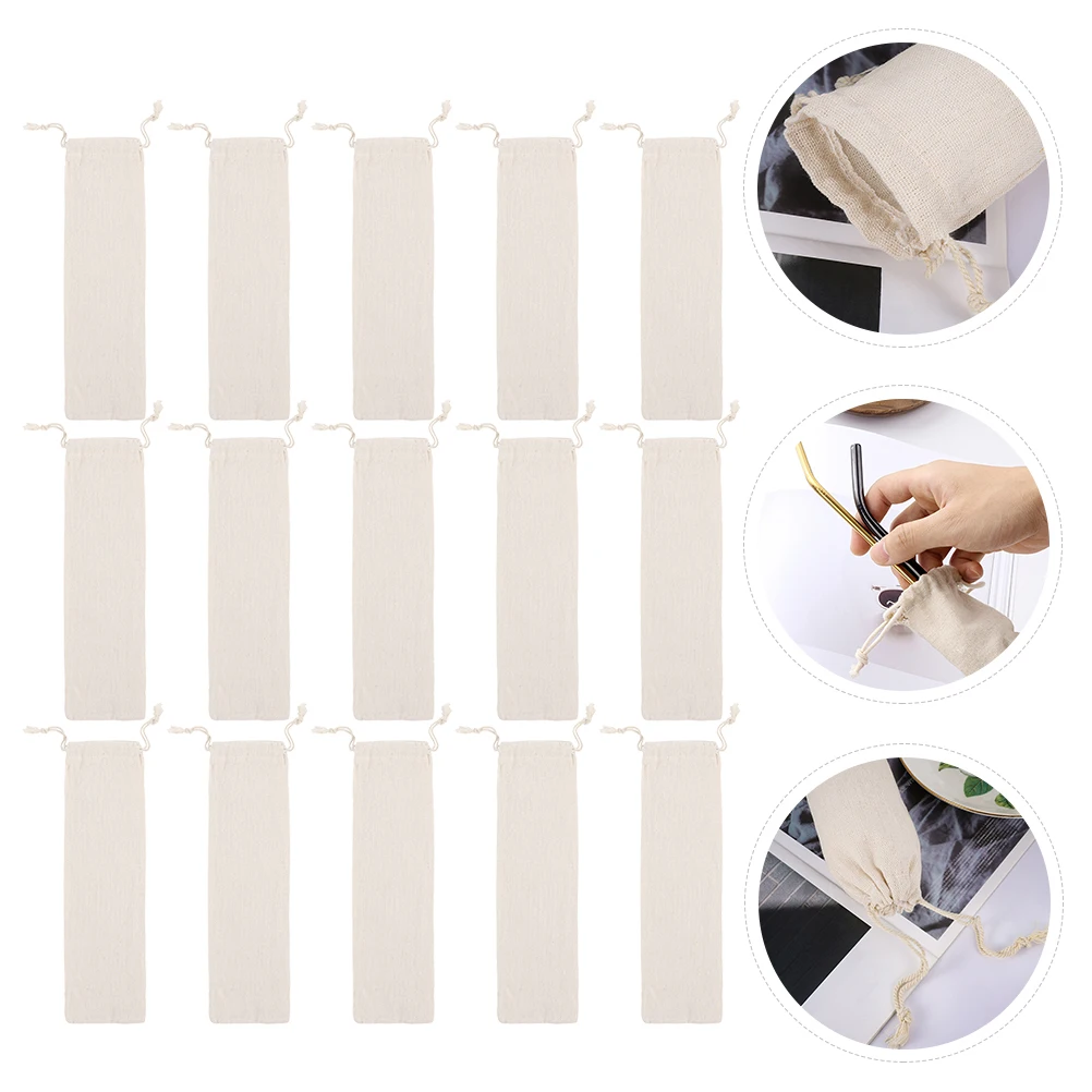 

15 Pcs Straw Storage Bag Thickened Cotton Linen Drawstring Dust Proof Kitchen Travel Cutlery Fork Tableware Beige