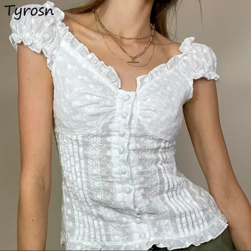

Summer Women T-shirts Ruffles Slim French Style Gentle Crop Tops Hollow Out Aesthetic Hotsweet Buttons Design Puff Sleeve Female