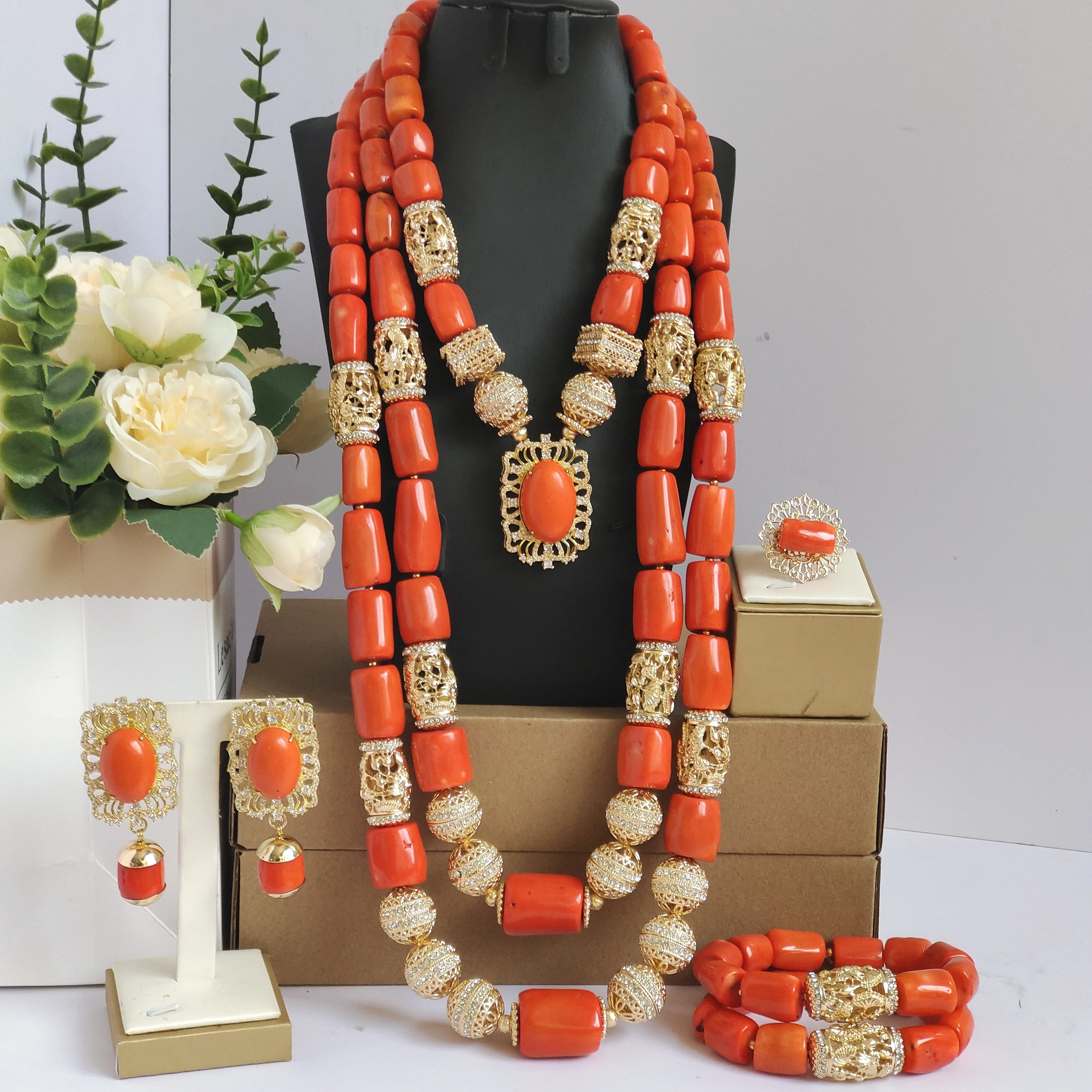 

orange real coral beads jewelry set luxury
