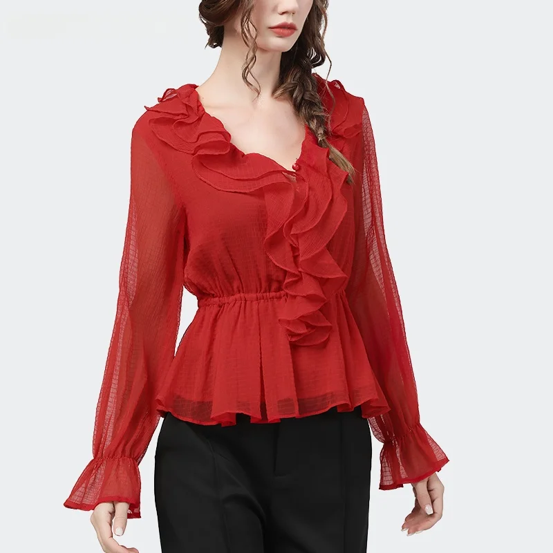 Faionable v-ne chemisier en mousseline de soie femmes minceur cloche Sve ourlet à volants irt coréen Sle coupe droite longue Sve haut