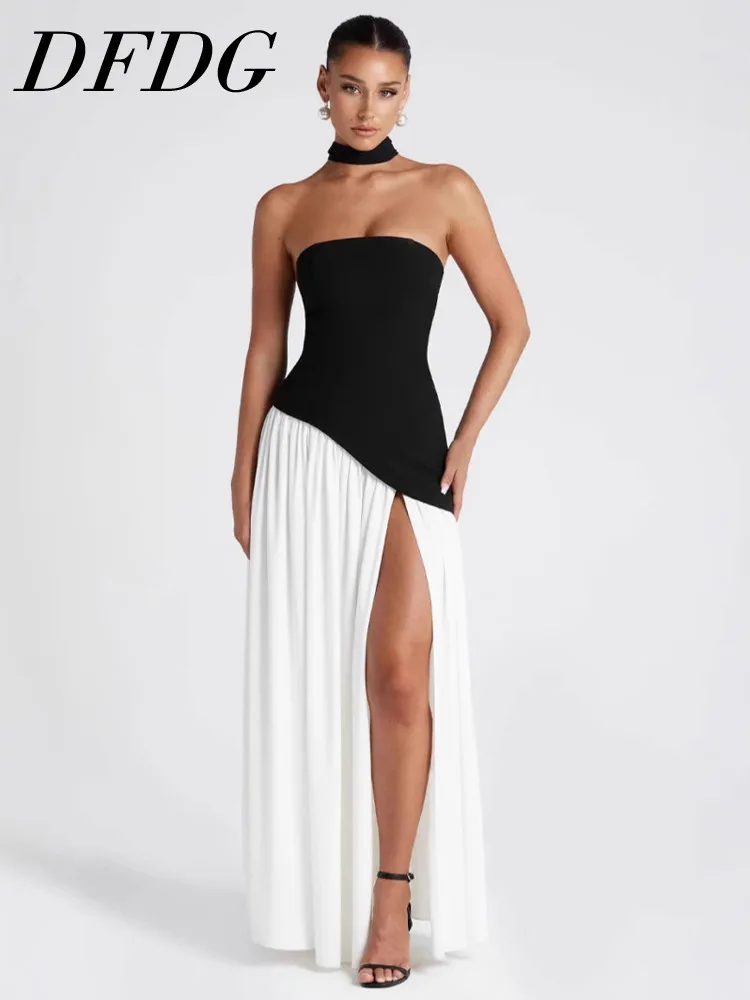 

DFDG Women's 2025 Spring Summer Luxury Evening Dress Off-Shoulder Strapless High Slit Irregular Waist-Slim Sexy Open Back Dress