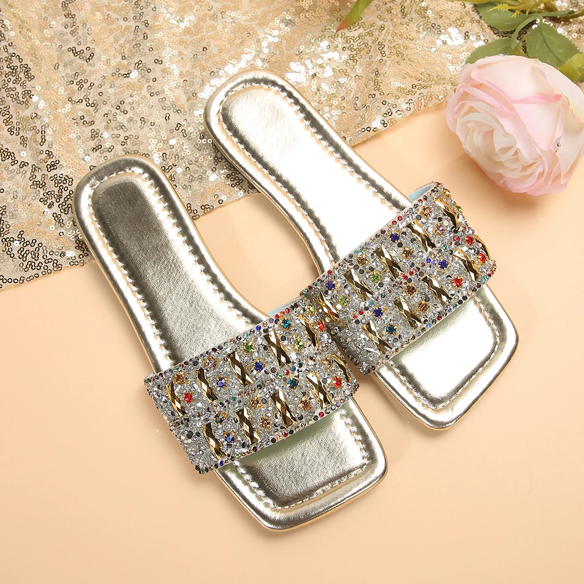 Golden Shiny Slippers Female Summer Wear Out Coarse Heel Color Everything Fashion Rhinestone Sandals Large Size Women\'s Shoes 43