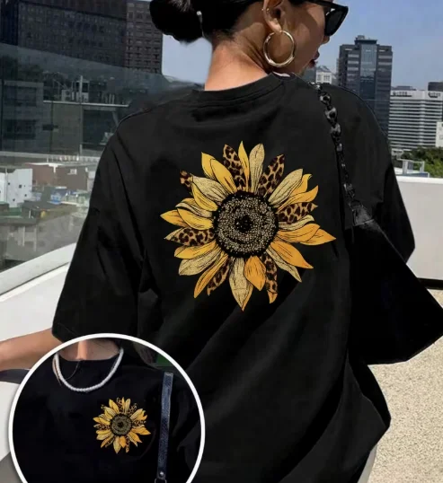 Printed T-shirt with Sunflower Leopard Women's Round Neck Casual Short Sleeved Fashion Casual Style, Women's Double-sided Top