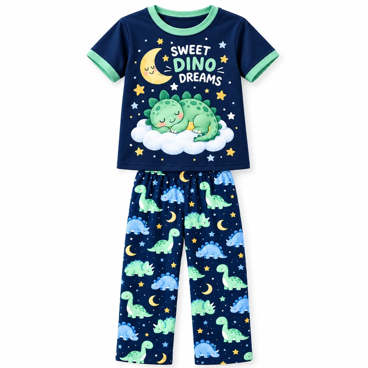 Kids Boys Girls Sweet Dino Dreams Outfit Set Sleeping Dinosaur Moon Star Print Short Sleeve T Shirt Long Pants Casual Clothes view 3