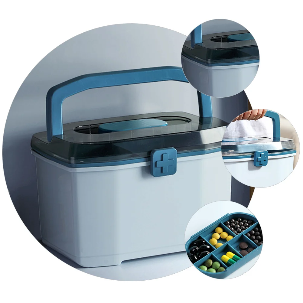 حافظة طبية بلاستيكية بطبقة مزدوجة للإسعافات الأولية للمنزل والمكتب صندوق تخزين ذو سعة كبيرة للاستخدام في حالات الطوارئ للمساعدة المنزلية