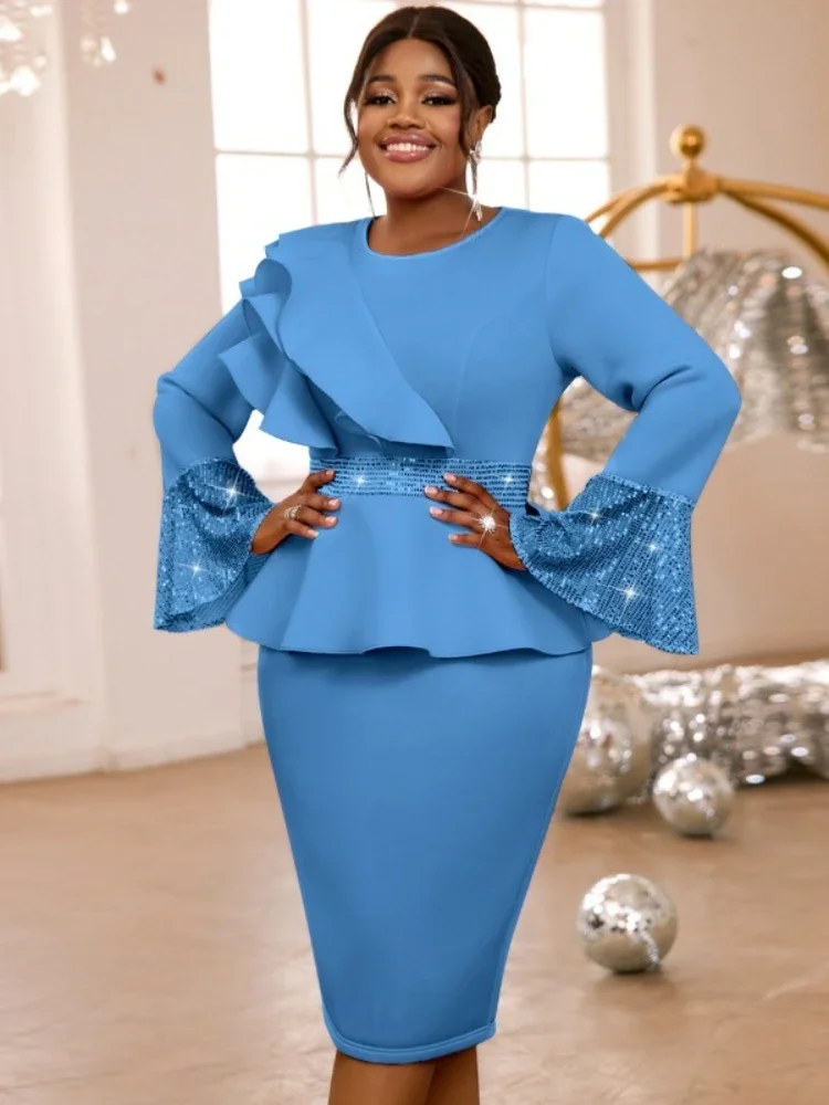 Church Dresses for Women Elegant Ruffles Long Flare Sleeves Sequined Party Bodycon Peplum Classy Occasion African Wedding Guest