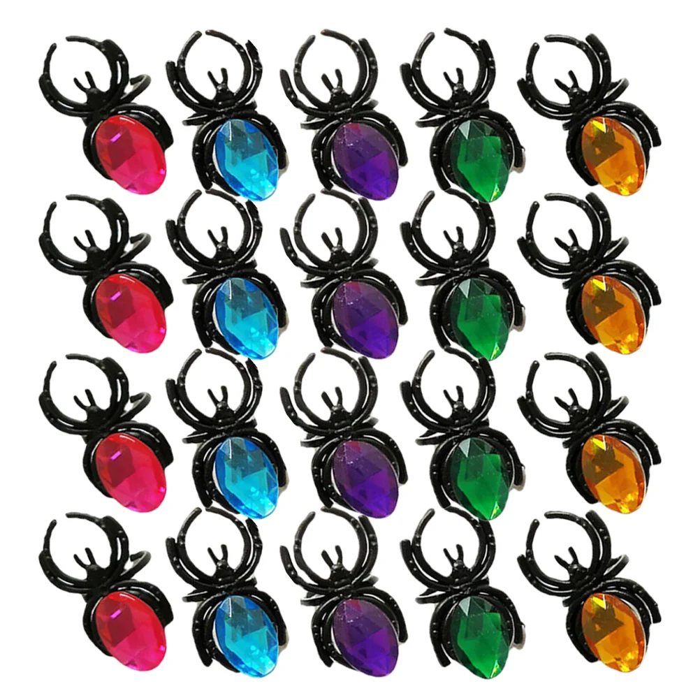 Anéis de plástico com diamante para Halloween Goodie Bag, Bulk Stuffers, anel de aranha, 20 pcs