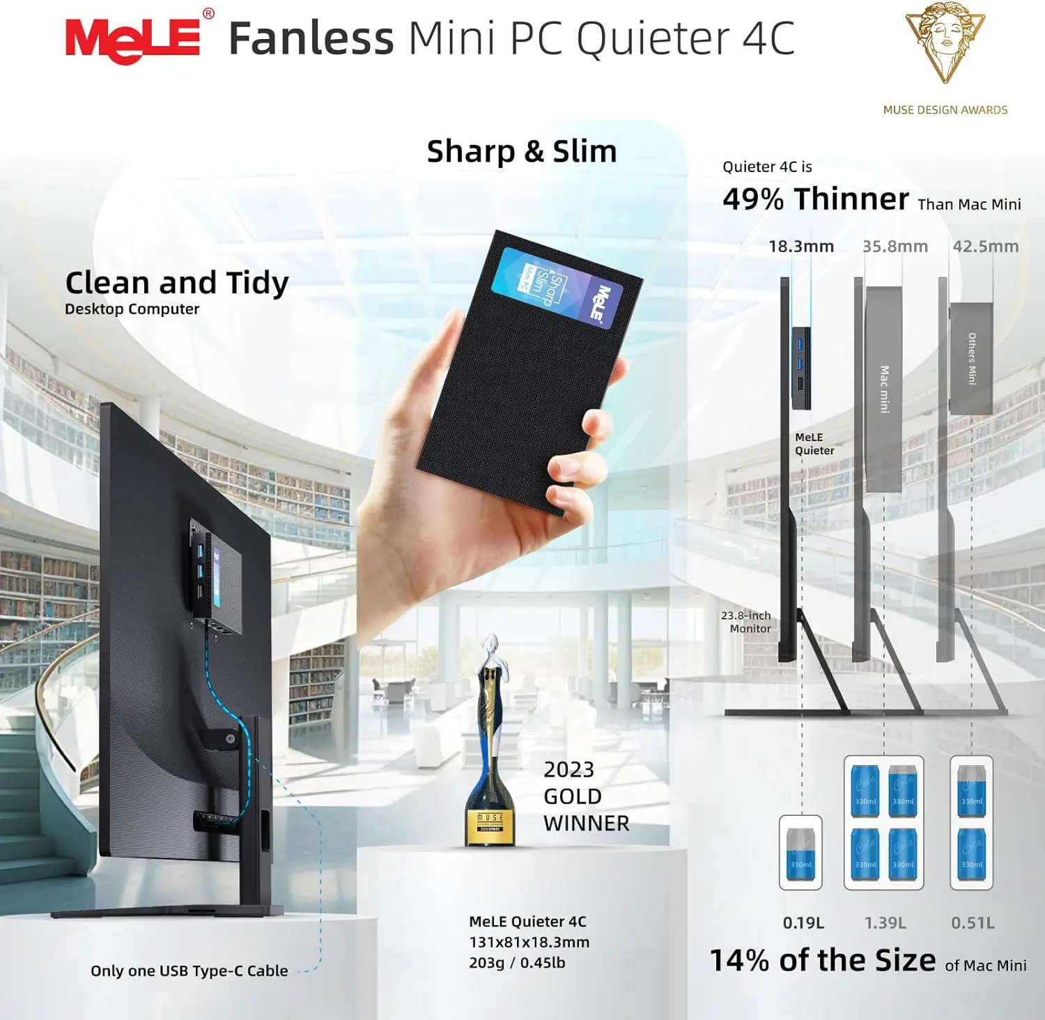 Мини-ПК MeLE Quieter 4C N100 безвентиляторный ПК, 8 ГБ 16 ГБ 512 ГБ, Wi-Fi 2,4/5G, полнофункциональный USB-C, настольный компьютер с тройным дисплеем 4K для дома