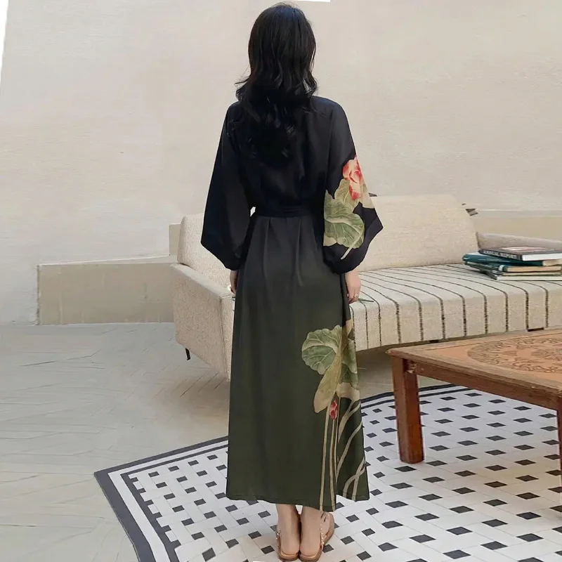 الأوروبية والأمريكية الرجعية أنيقة فضفاضة الأزهار طباعة منتصف طول كيمونو سترة Haori سترة الصيف التعادل متابعة يوكاتا رداء الشاطئ التستر