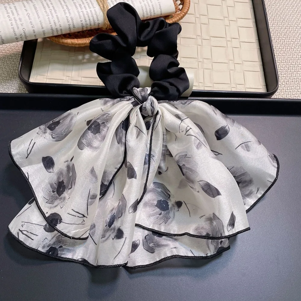 High Resilience Ink Painting Ruffled Scrunchie Floral Streamers Elegant Bow Streamer Headband Trendy Hair Accessories