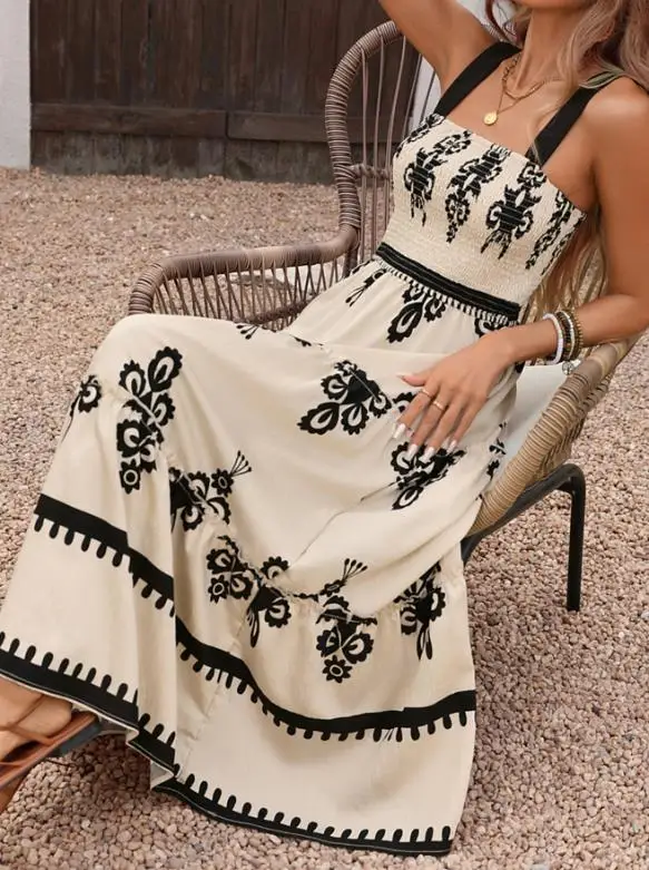 

Women Dresses 2026 New Spring Summer Retro Printed Shoulder Lace Up Square Collar High Waist Casual Vacation Long Dress