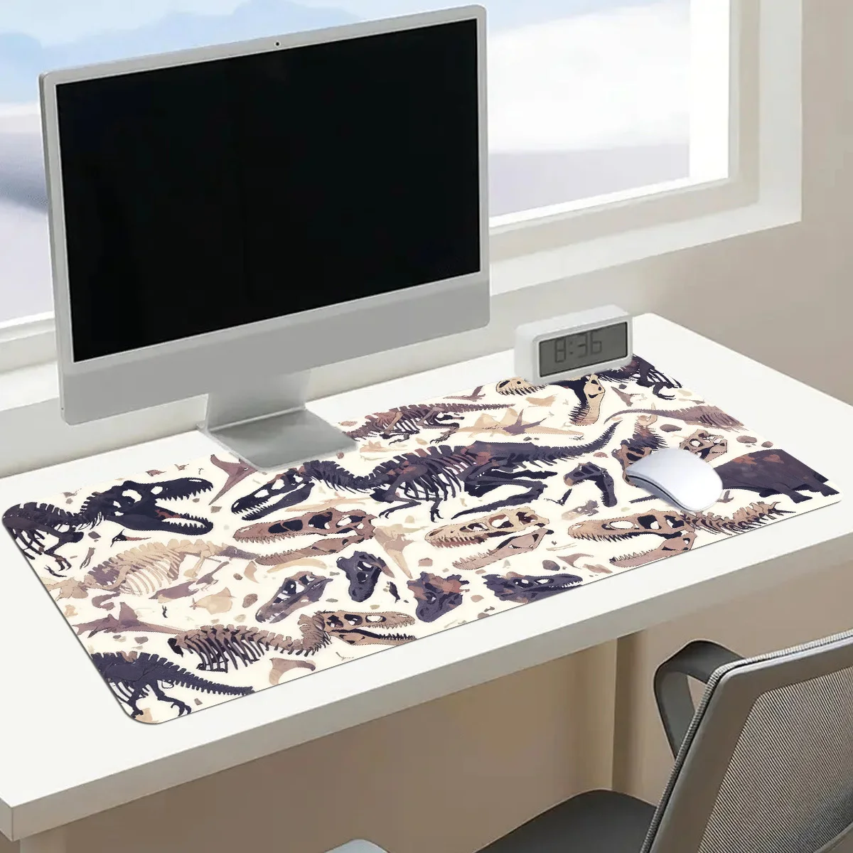 1pc Large Gaming Desk Mat Compatible for PC, Computer Keyboard & Mouse Pad with Dinosaur Skeletons & Tech Design, Non-Slip Rubber Base, Black/White Surface