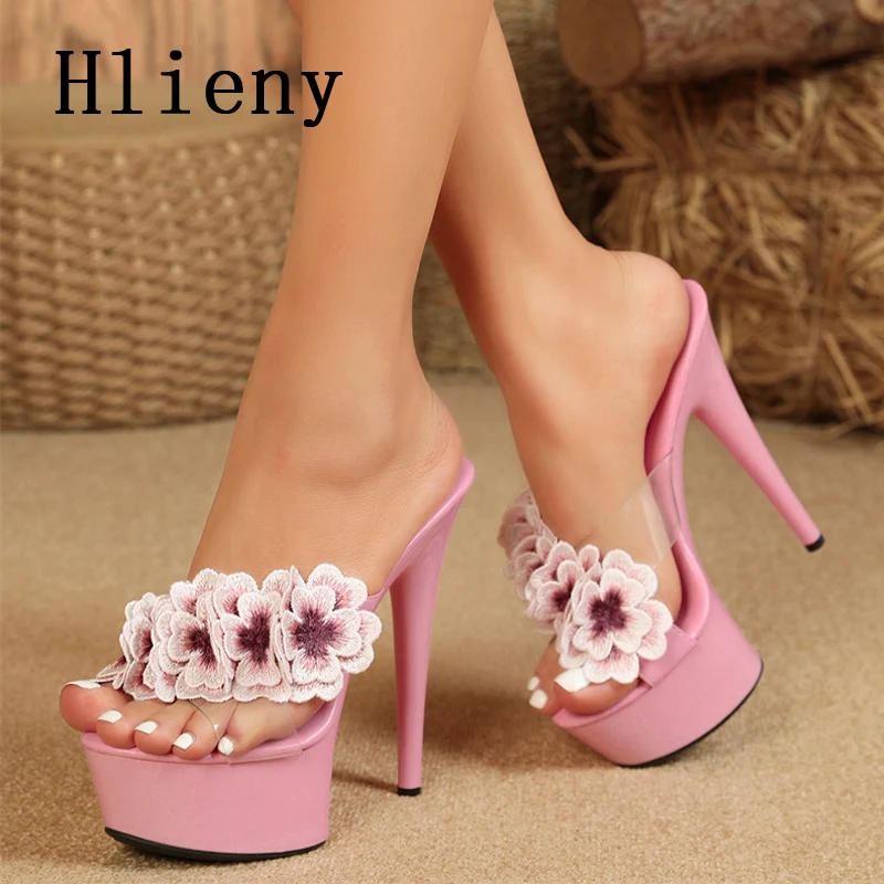 Hlieny Size 34-43 2024 New Summer Flower Buckle Slippers Ladies Fashion Peep Toe Slip On Platform Sandals Mules High Heels Shoes