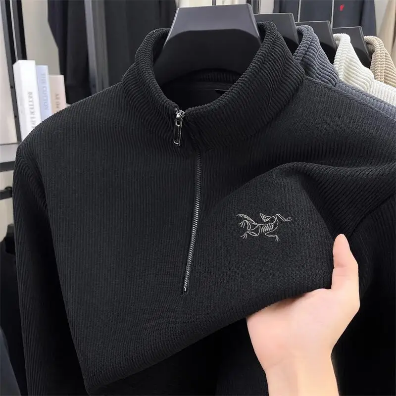 

Мужская толстовка с воротником-стойкой и полумолнией, весна-осень 2024, новый повседневный топ с вышивкой, молодежный топ с длинными рукавами, мужская уличная одежда