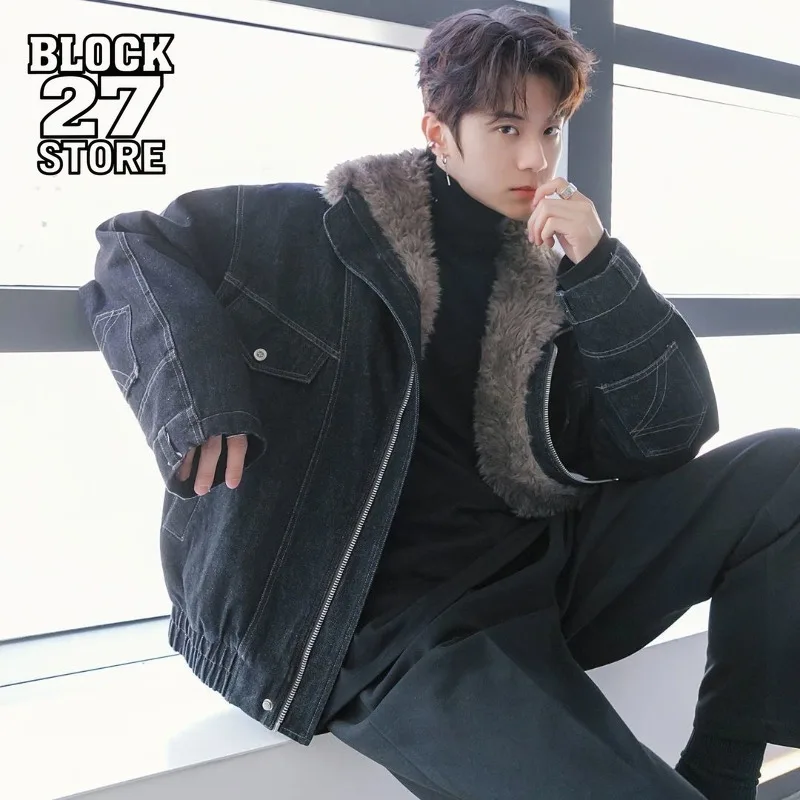 

Mens Jacket American Vintage Sherpa Winter Denim Coat Thick Warm Fur Collar Cotton Padded Outerwear Casual Streetwear Harajuku