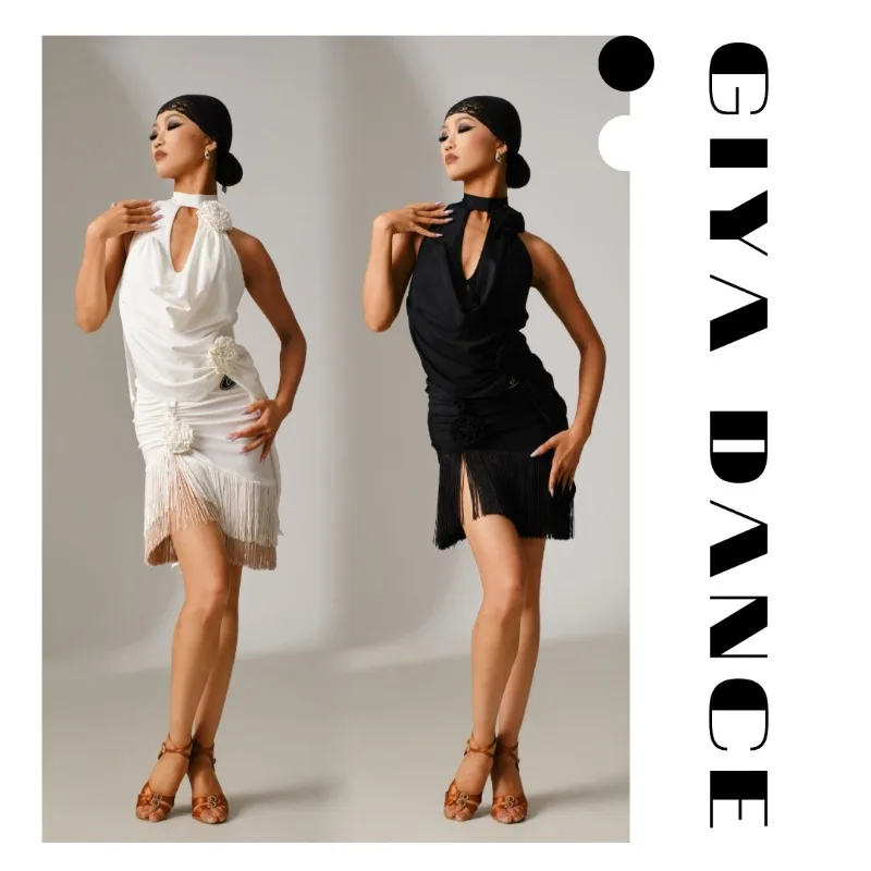 

Customized Black and White Flower High Swing Collar Set with Chest Cushion Bottom Pants Latin Suit Practice Performance Dress