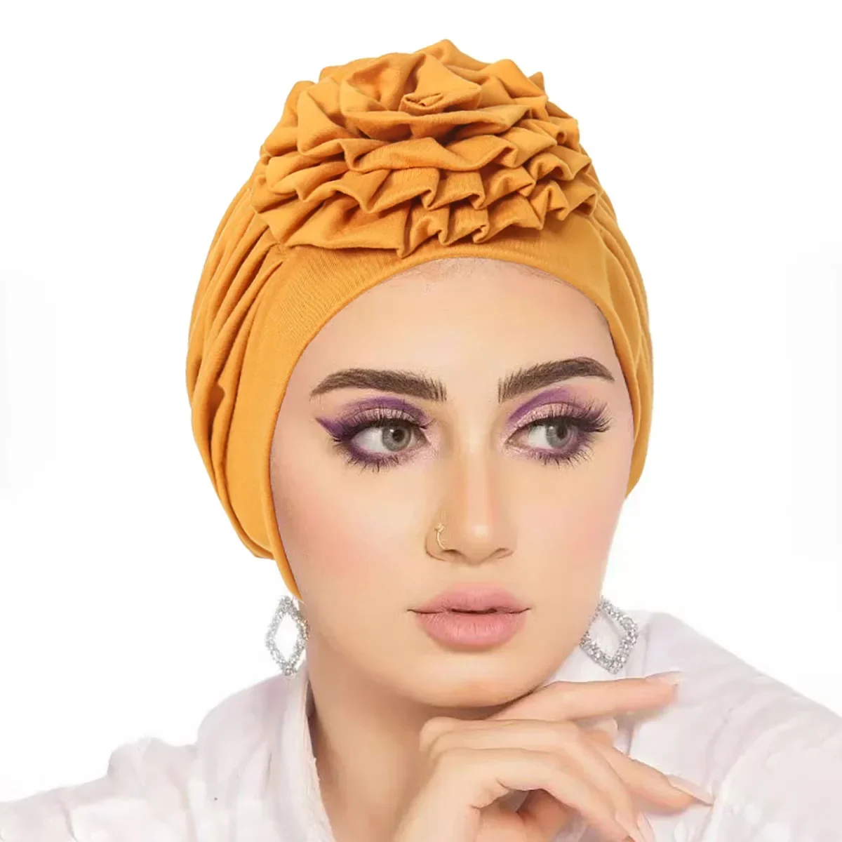 Trendy Crinkle Women\'s Hijab Solid Color Muslim Ladies Turban Bonnet Flower Decor Ramadan Head Wrap Head Scarf Indian Hat Mujer