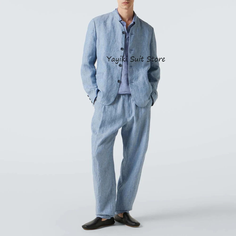 

Модные костюмы, повседневный классический мужской костюм с прямыми карманами, новый комплект из двух предметов с воротником-стойкой, элегантный мужской костюм, стильная льняная ткань
