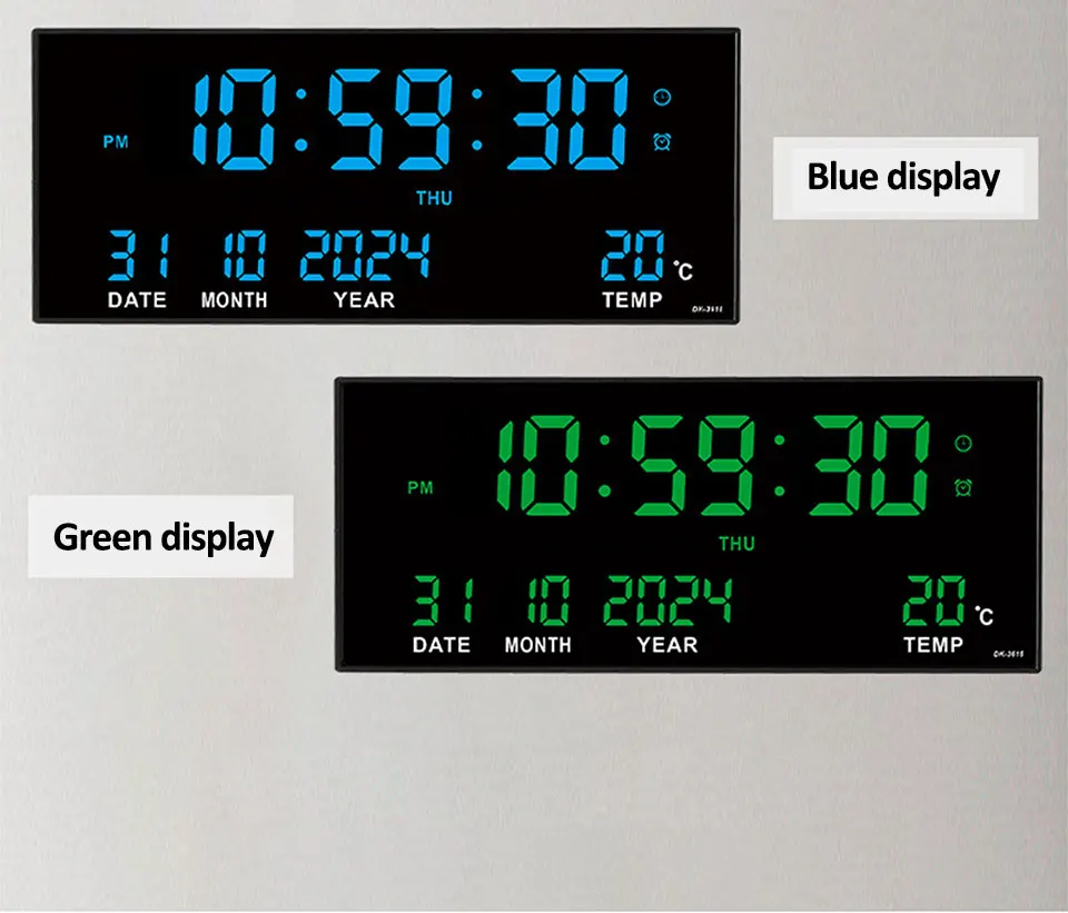 Digitale große Wanduhr, Alarm, Temperatur, Datum, Kalender, Anzeige, 8 Sätze Wecker, 35,6 cm, elektronische LED-Uhr, einsteckbar – Detail 7