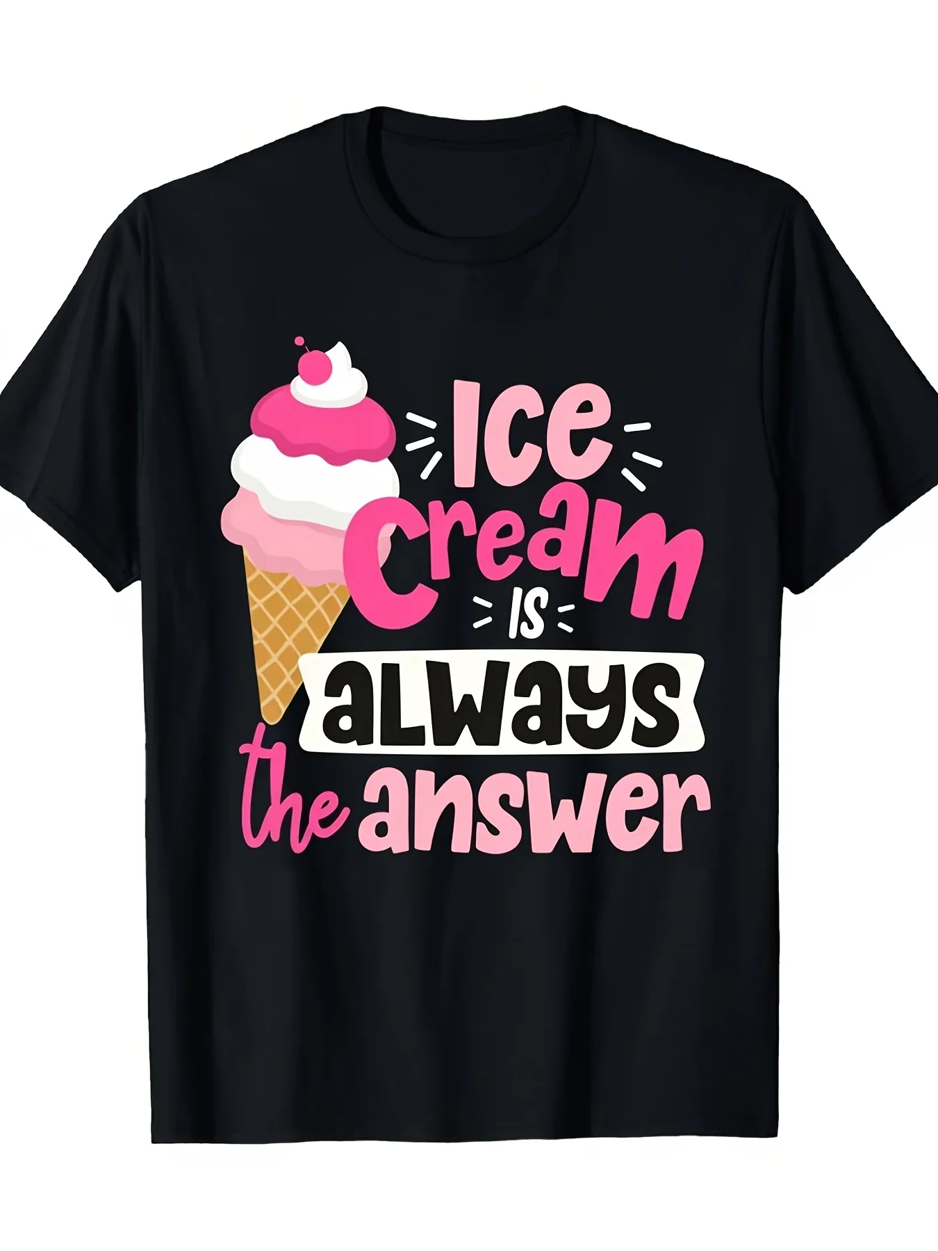 Women Summer Round Neck Short Sleeve T Shirt Ice Cream Is Always The Answer Quote Graphic Print Loose Casual Womens Funny Top
