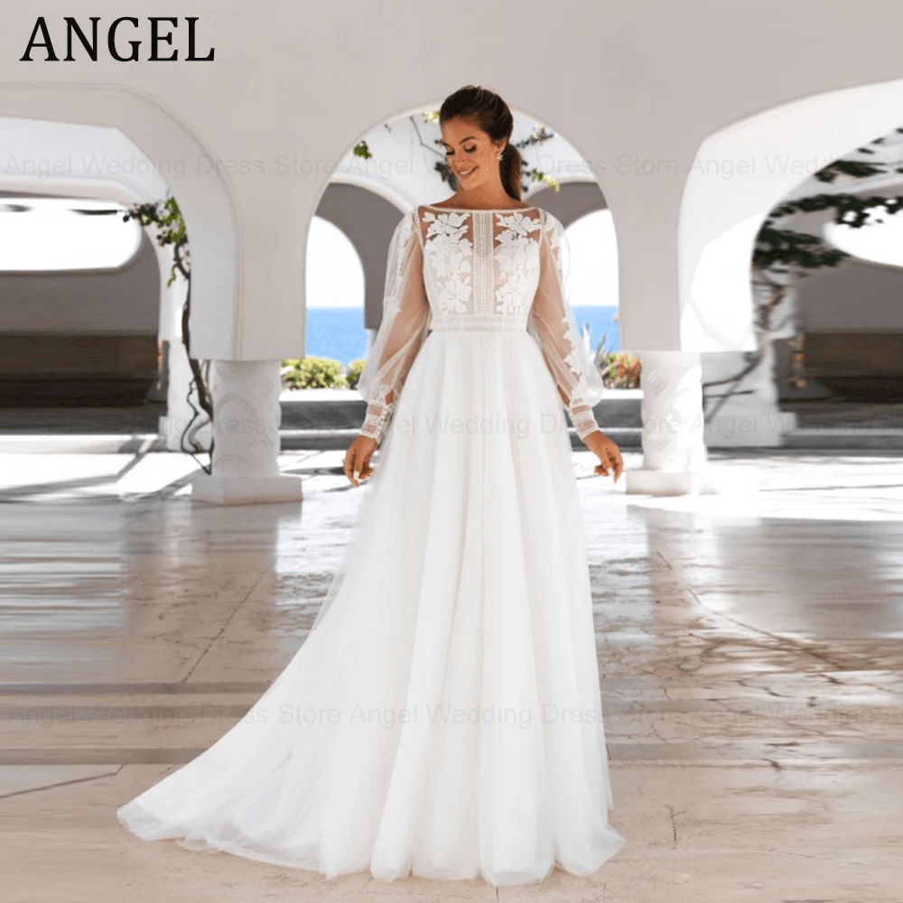 

ANGEL Princess Wedding Dress Scoop Puff Sleeves Lace Applique Bride Gowns Tulle A-Line Sweep Train 2024 Vestidos De Novia