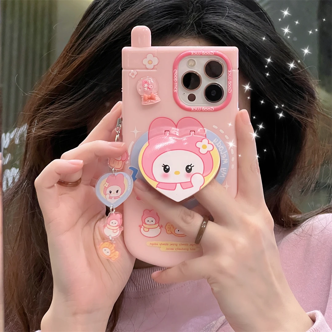 3D Sanrio Hello Kitty Kuromi My Melody Pochacco with Pendant Telephone Phone Case for IPhone 15 14 13 12 11 Pro Max Back Cover