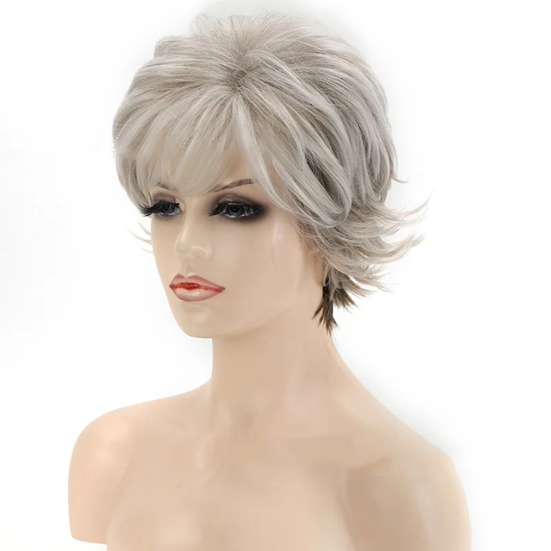 Fashionable mixed brown gray short curly hair for women's wigs with slanted bangs and synthetic fiber headbands wigs