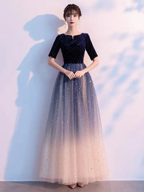 Dreamy Gradient Long Evening Gown Women's Fashion Show Performance Dress Starry  Elegant Hostess Ball Dress Polyester