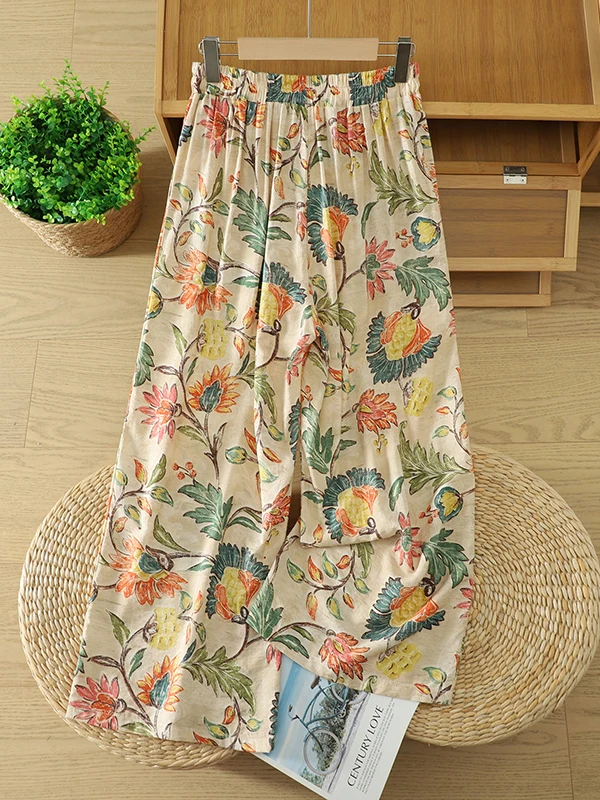 

Summer Lightweight Cool Cotton Linen Wide Leg Pants Women's Casual Pants Vintage Floral Print Loose Fit Straight Cut Trousers