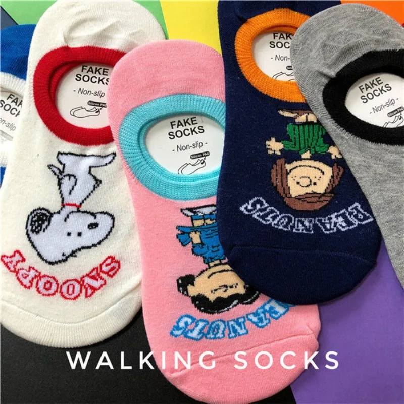 

5pcs New Anime Kawaii Snoopy Cartoon Silicone Shallow Mouth Cotton Socks Spring Summer Cartoon Socks Daily Collocation For Girls