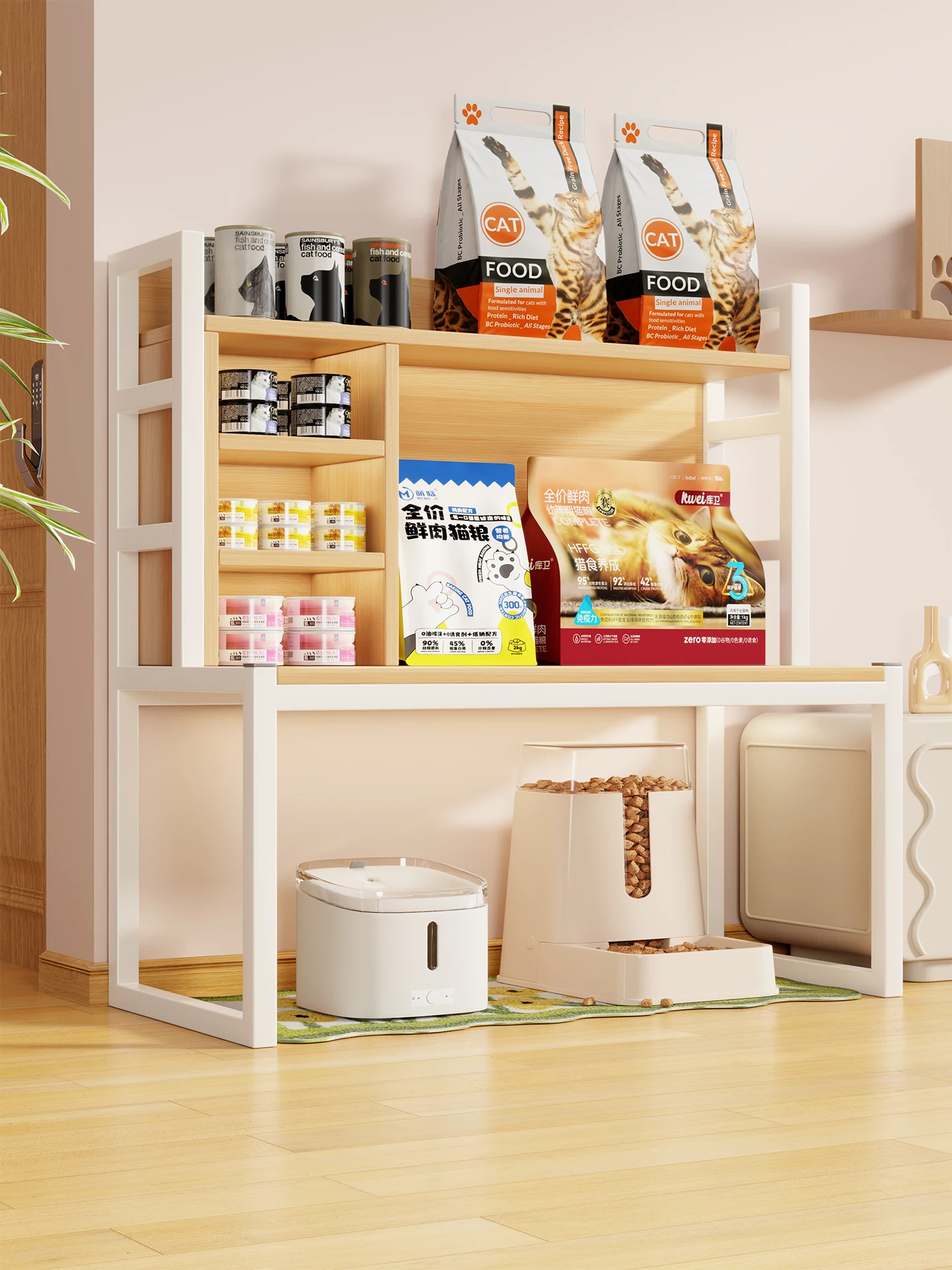 multi-layer-pet-food-restaurant-storage-rack-underneath-open-design-pet-supplies-organizer-sand-box-upper-shelf-pet-cabinet