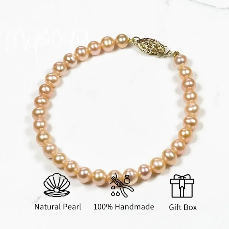 

MYSOYA Pink Freshwater Pearl Bracelet 6-7mm With Gift Box For Her/Him Birthday/Wedding/Christmas/New Year/Valentine's Day Gift