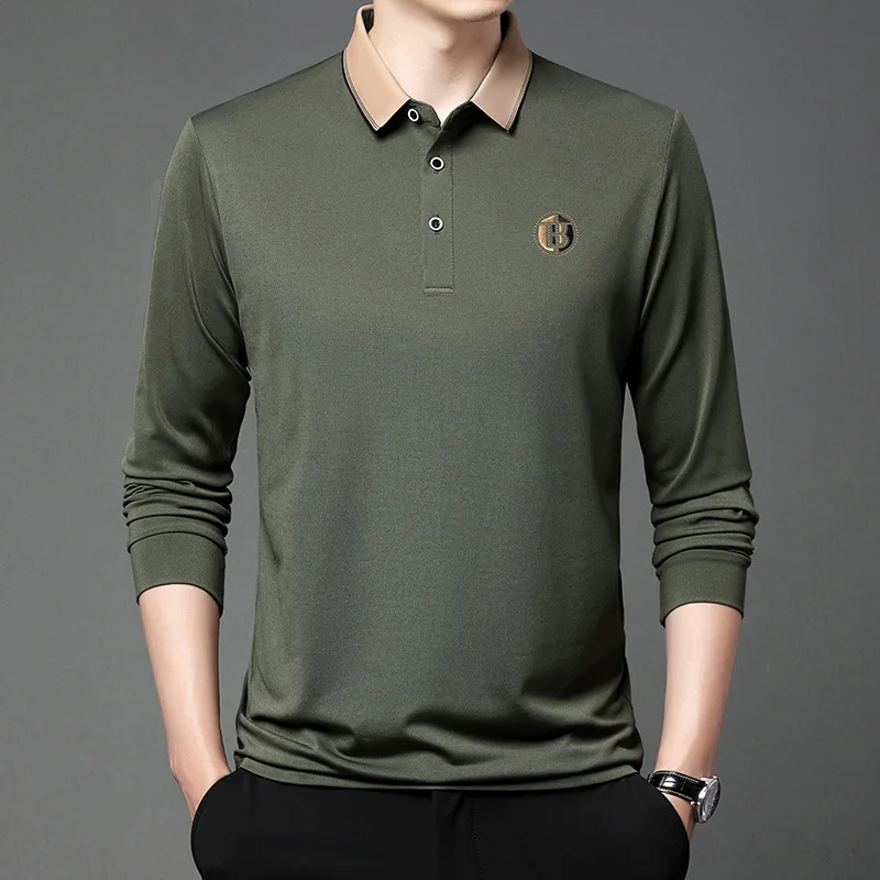 Autumn Casual All-match Men\'s Long Sleeve Polo-Neck Shirt Fashionable Embroidery Loose Solid Color Pullover Tops Male Clothes