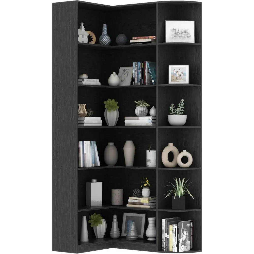 6 Tiers Shelf Large Tall Corner Etagere Bookcase with Full Baffle, L-Shaped Modern Storage Display Industrial Bookshelves