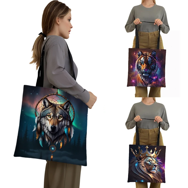 Wolf Under The Moonlight Print Shoulder Bag Lion with Crown Tote Bags Large Capacity Colorful Tiger Handbag Reusable Shopper Bag