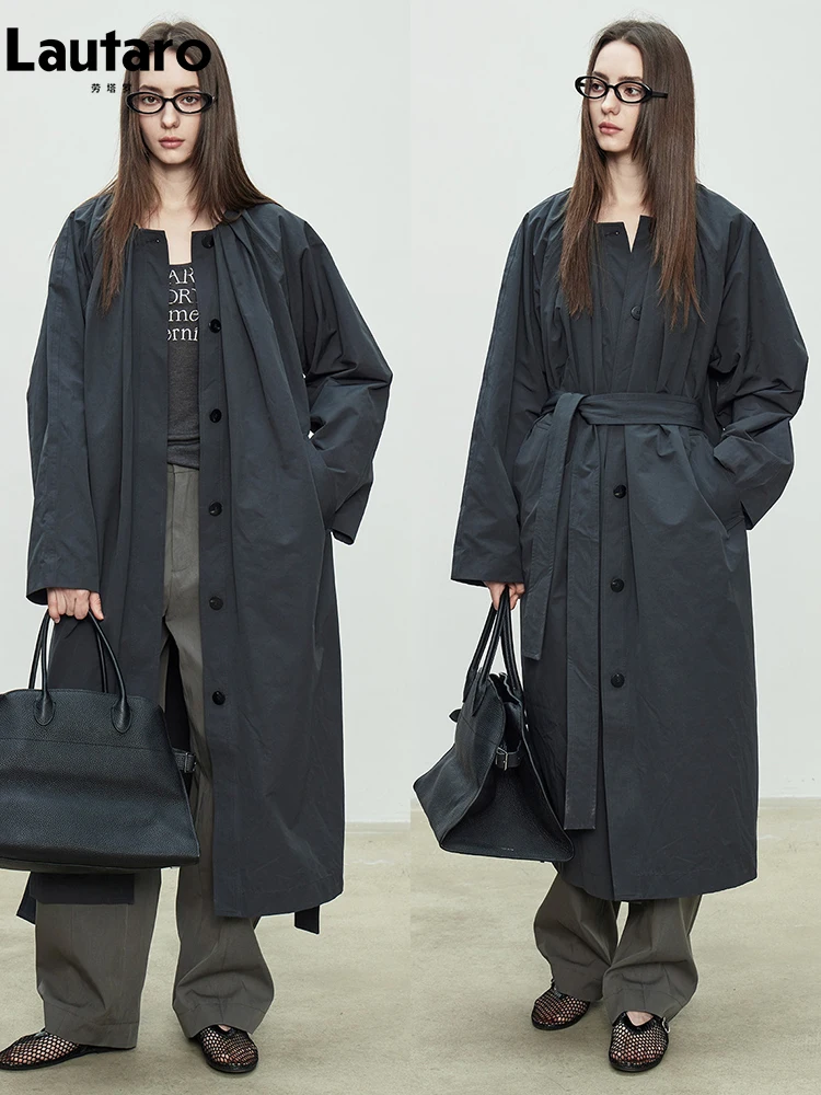 Lautaro Spring Autumn Long Oversized Navy Blue Trench Coat for Women Single Breasted Elegant Chic Luxury Designer Clothing 2026 view 3