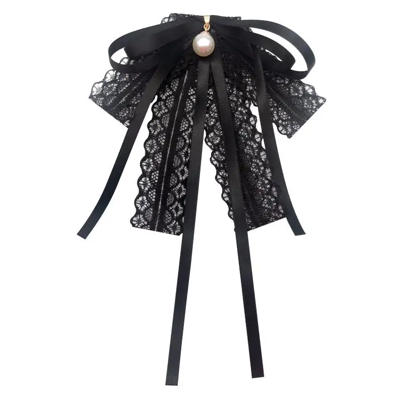 Fashion Black Lace Ribbon Bow Tie Pearl Pendant Brooch Women Shirt Collar Clothes Necktie Decoration Accessories