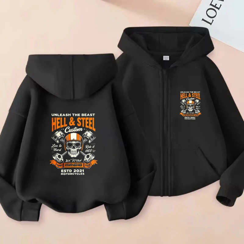

Men's Hooded Jacket Black Hell & Steel Custom Skull Motorcycle Print Zip-Up Hoodie for Biker Riding Casual Wear