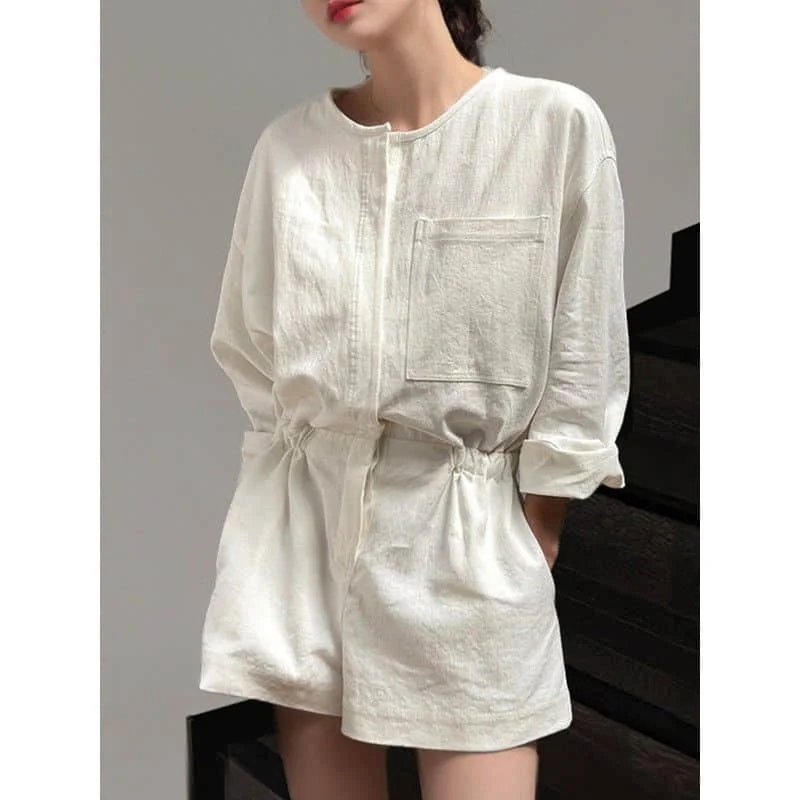 

Solid Jumpsuits for Women Long Sleeved Loose Playsuits Waisted Casual Five Point Wide Leg Pants One Piece Outfits Women Overalls