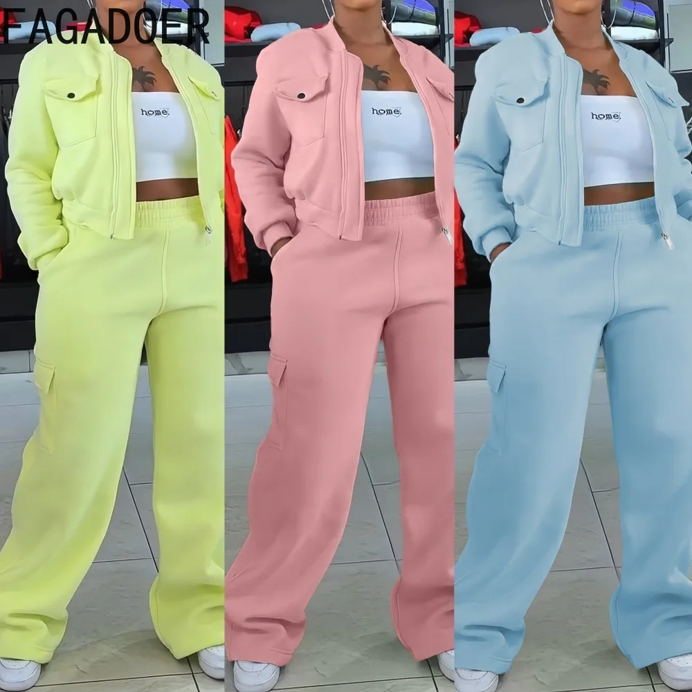 

FAGADOER Casual Sports 2 Pieces Set for Woman Outfits Long Sleeves Cargo Patchwork Crop Top and Pants Matching Female Streetwear