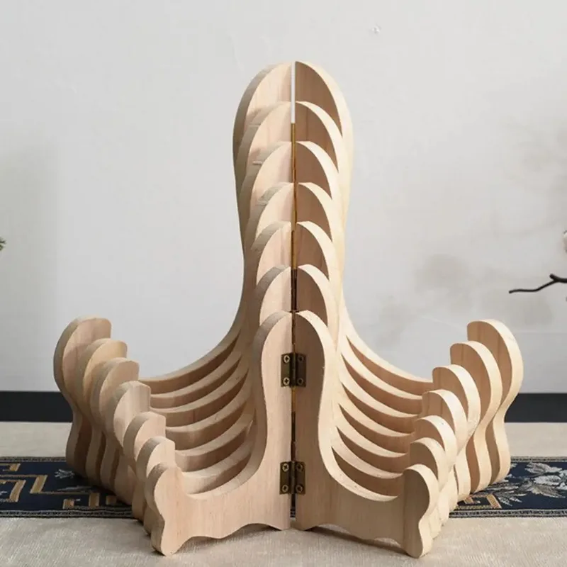 Vintage Wooden Dish Display Rack Curved Design Handmade Foldable Easel Plate Tea Cake Stand Kitchen Bar Home Decor