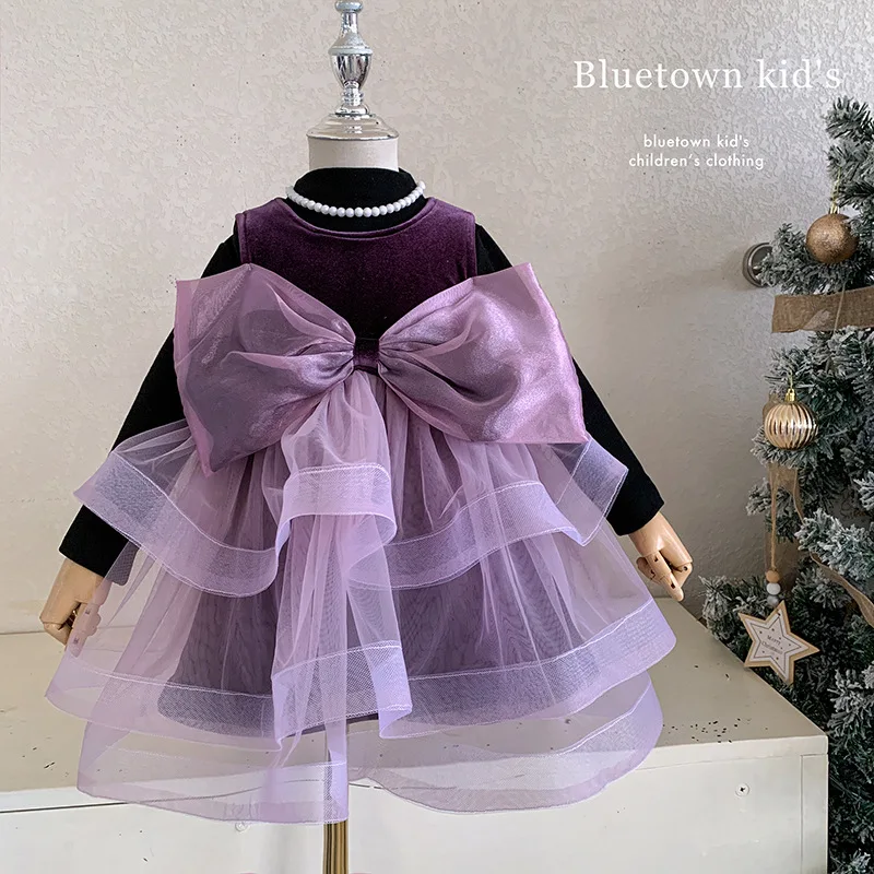 

Kids Girl Winter Two-piece Set Solid Color Thicken Toddler Girl Undershirt Tops+3D Bow Purple Mesh Baby Girl Cake Princess Dress