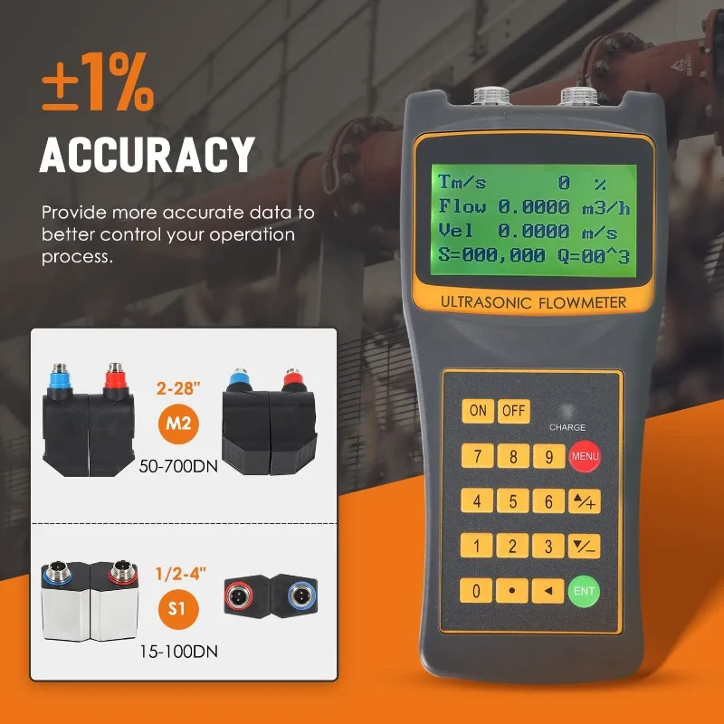 Handheld Ultrasonic Flow Meter Portable Clamp on Flowmeter with Data Output S1+M2 Sensors for Seawater Alcohol Industrial